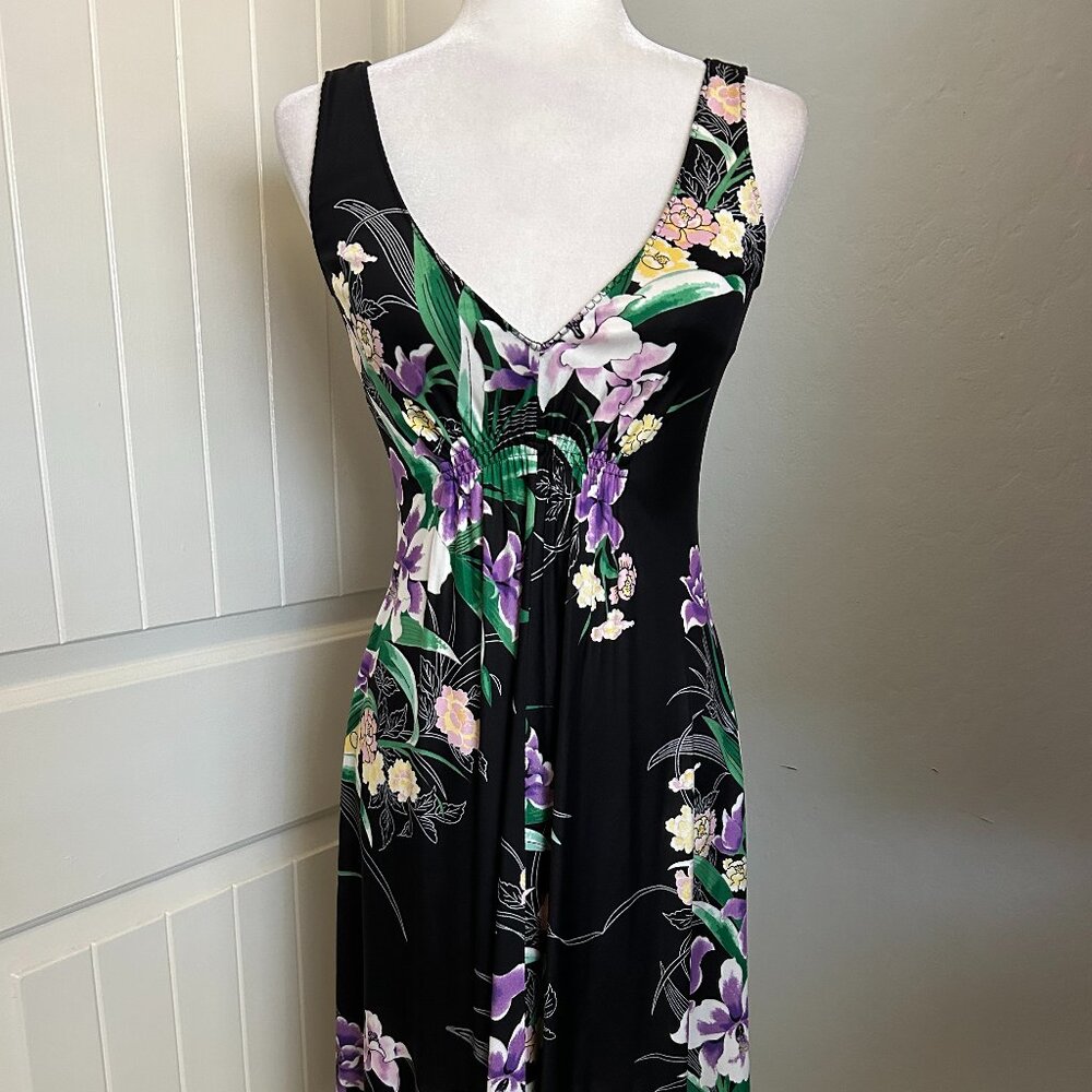 Elie Tahari Sleeveless V-Neck 100% Silk Dress Black with Floral New with Tags XS